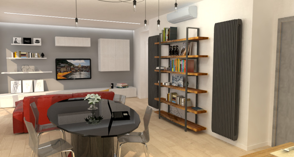 Idee per una grande sala da pranzo aperta verso il soggiorno minimalista con pareti bianche, pavimento in gres porcellanato, soffitto ribassato e pavimento beige