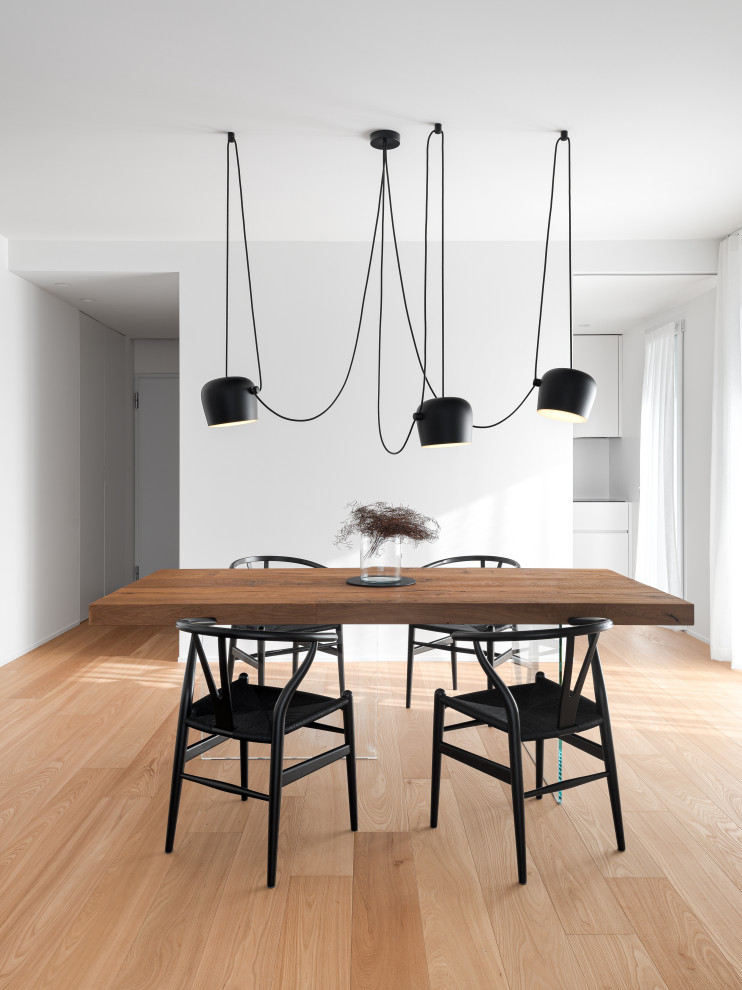Design ideas for a medium sized scandi dining room in Venice with white walls, light hardwood flooring and beige floors.