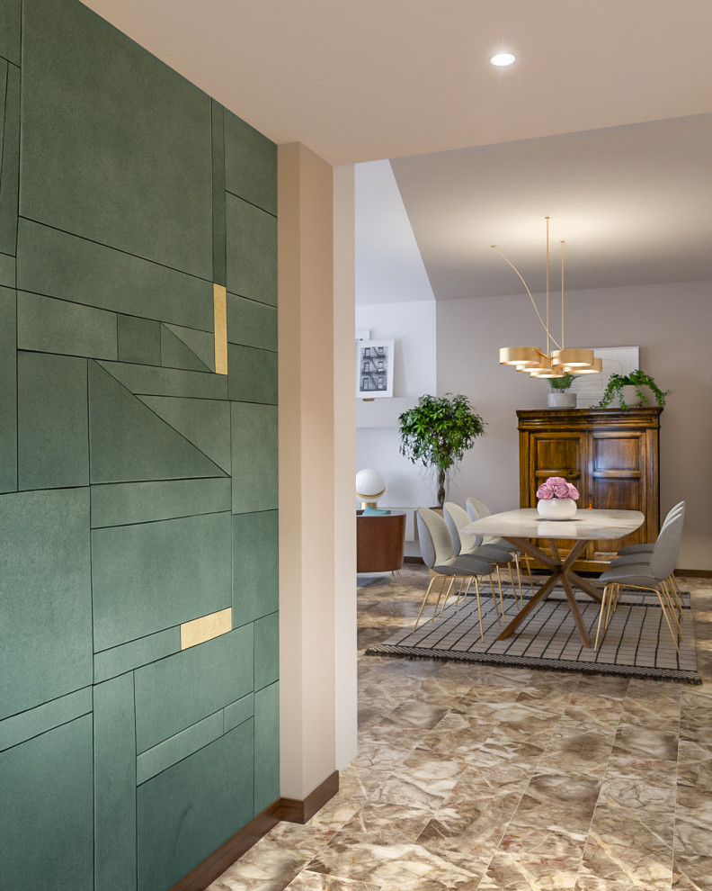 Offenes, Mittelgroßes Modernes Esszimmer mit beiger Wandfarbe, Marmorboden und buntem Boden in Mailand