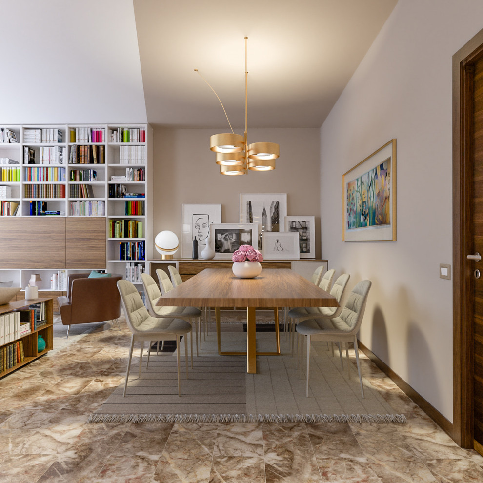 Стильный дизайн: гостиная-столовая среднего размера в современном стиле с разноцветными стенами, мраморным полом и коричневым полом - последний тренд
