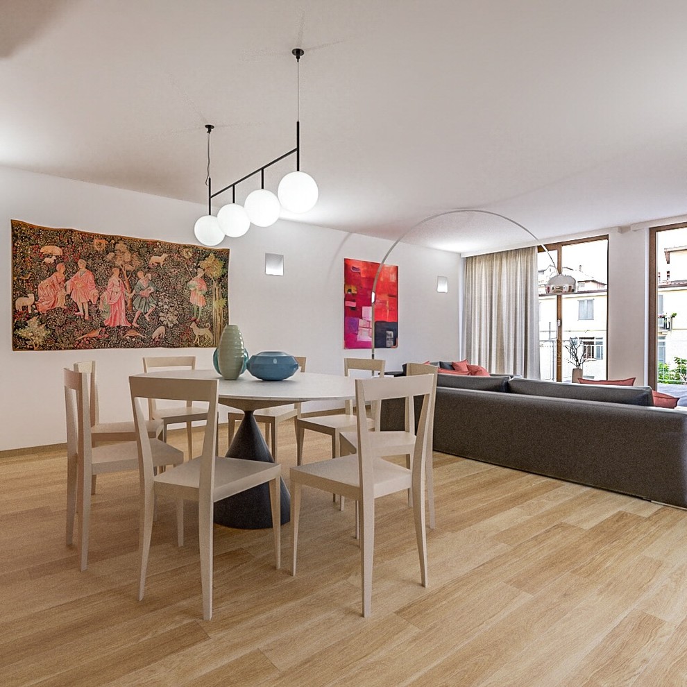 Источник вдохновения для домашнего уюта: гостиная-столовая среднего размера в современном стиле с розовыми стенами и светлым паркетным полом