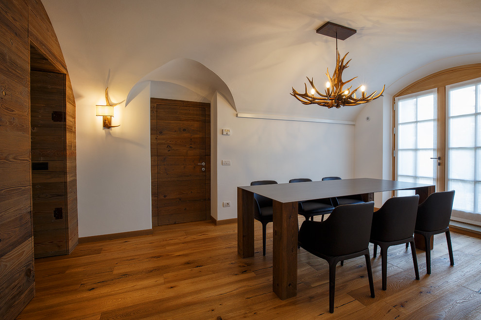 Ispirazione per una sala da pranzo rustica chiusa e di medie dimensioni con pareti bianche, pavimento in legno massello medio, nessun camino e pavimento marrone