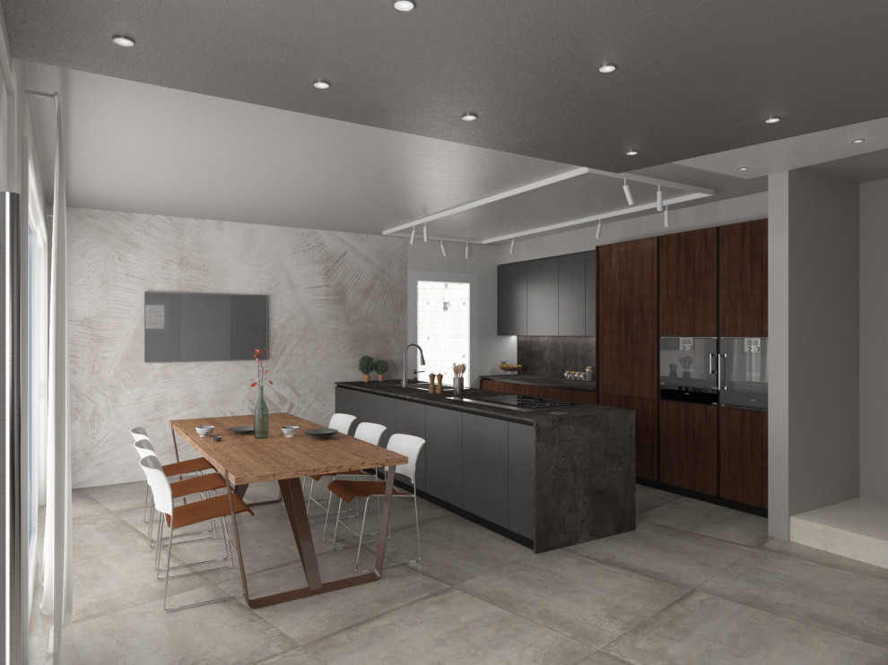 Пример оригинального дизайна: большая кухня-столовая в стиле модернизм с белыми стенами, полом из керамогранита, серым полом, многоуровневым потолком и обоями на стенах