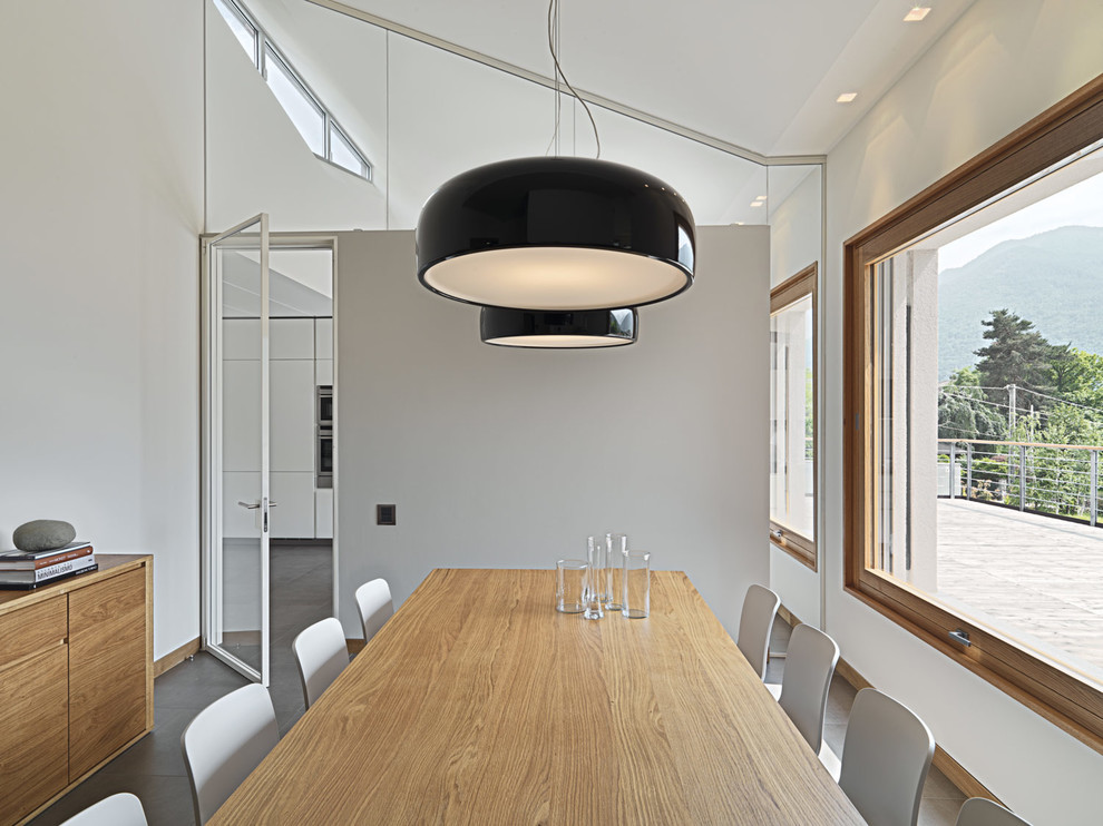 Cette image montre une salle à manger design fermée et de taille moyenne avec un mur blanc, un sol en carrelage de porcelaine et un sol gris.