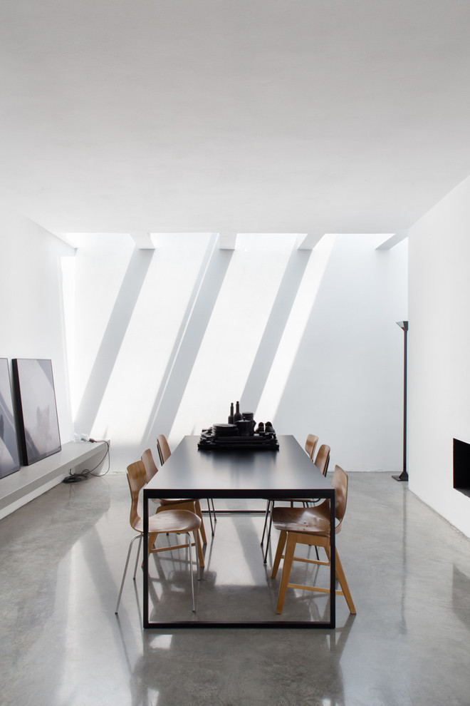 Свежая идея для дизайна: большая отдельная столовая в современном стиле с белыми стенами и бетонным полом - отличное фото интерьера