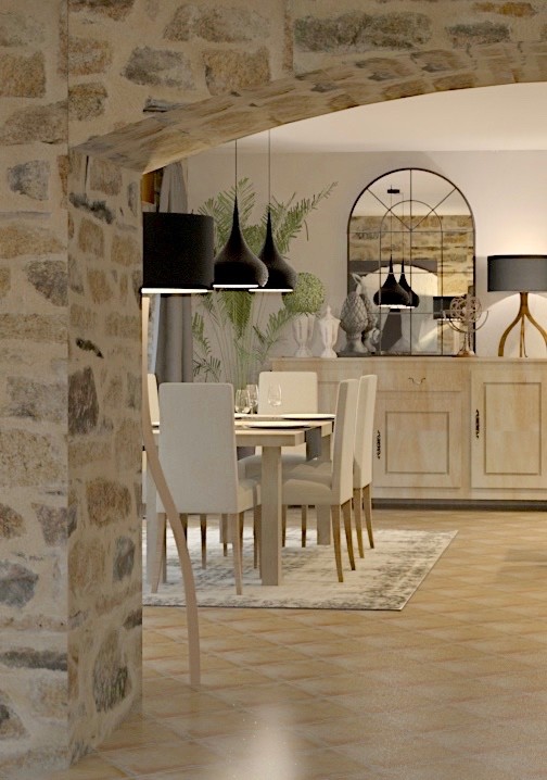 Cette image montre une salle à manger ouverte sur la cuisine design de taille moyenne avec un mur blanc, tomettes au sol et un sol beige.