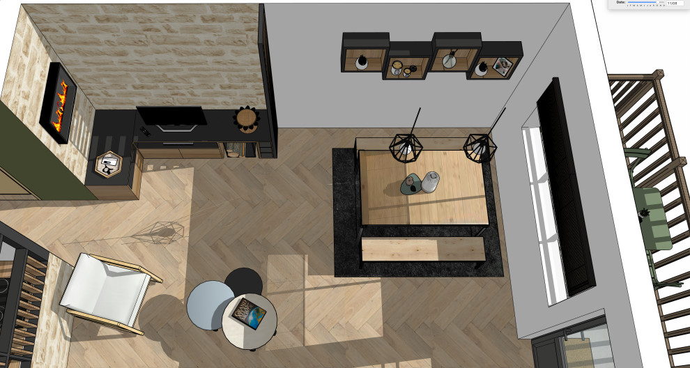 Bild på en mellanstor rustik matplats med öppen planlösning, med vita väggar, ljust trägolv, en hängande öppen spis, en spiselkrans i metall och beiget golv