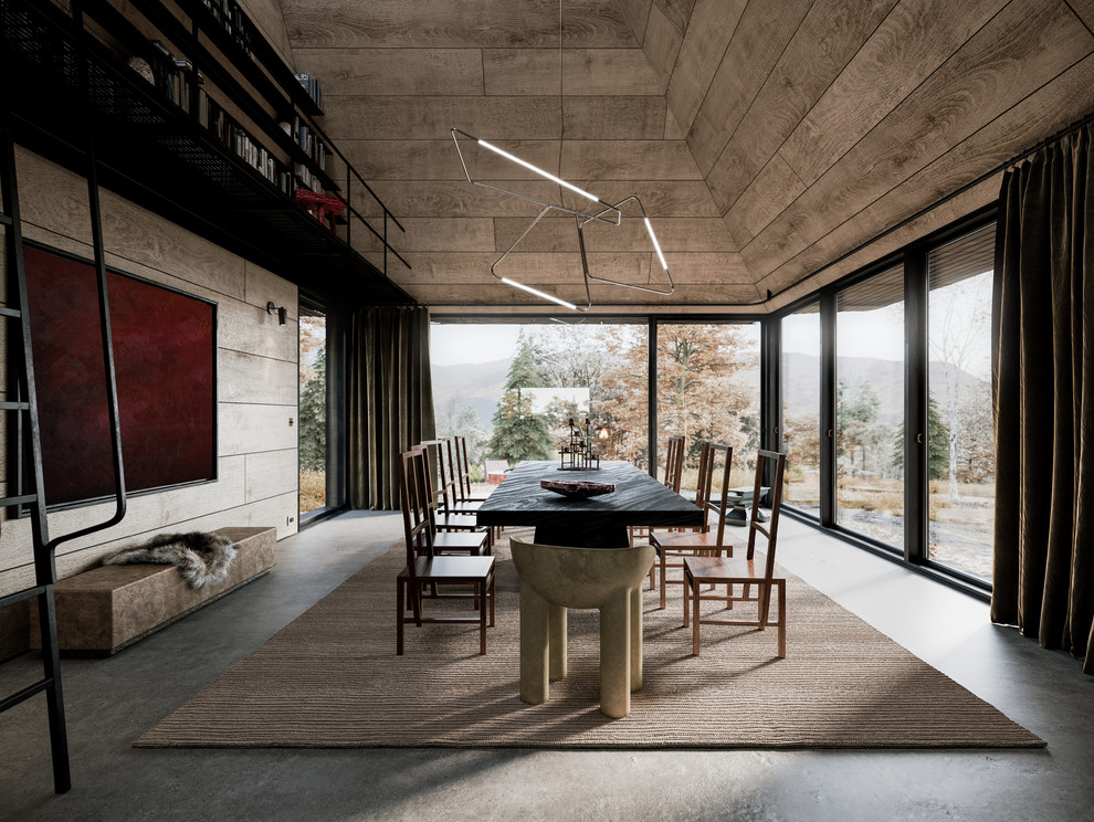 Стильный дизайн: столовая в современном стиле с бежевыми стенами, бетонным полом и серым полом - последний тренд