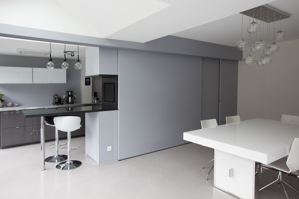 This is an example of a large contemporary kitchen/dining room in Paris with concrete flooring and white walls.