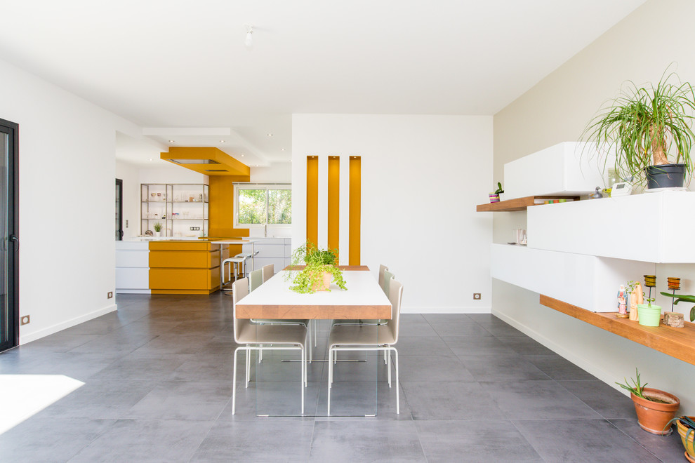 Immagine di una grande sala da pranzo aperta verso il soggiorno minimal con pareti bianche, pavimento grigio, pavimento con piastrelle in ceramica e nessun camino