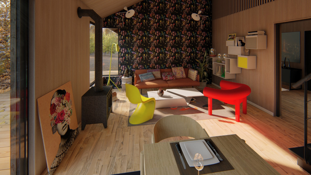 Réalisation d'une grande salle de séjour design avec un mur multicolore, parquet clair et un sol beige.