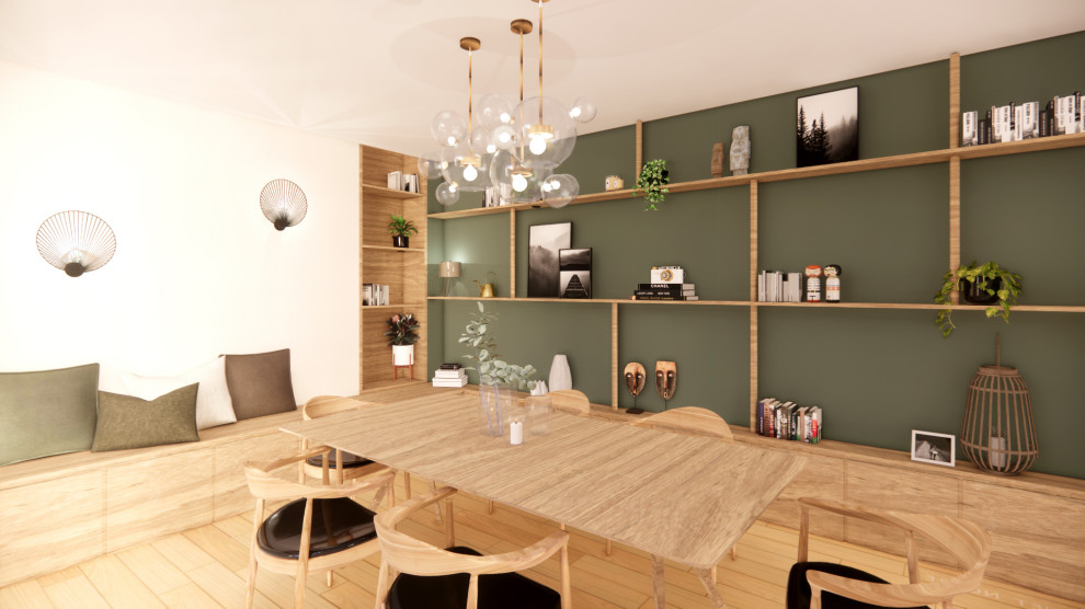 Источник вдохновения для домашнего уюта: столовая среднего размера в современном стиле с с кухонным уголком, зелеными стенами и светлым паркетным полом