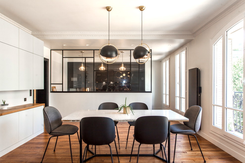 Réalisation d'une grande salle à manger design fermée avec un mur blanc, un sol marron, parquet foncé et une cheminée standard.