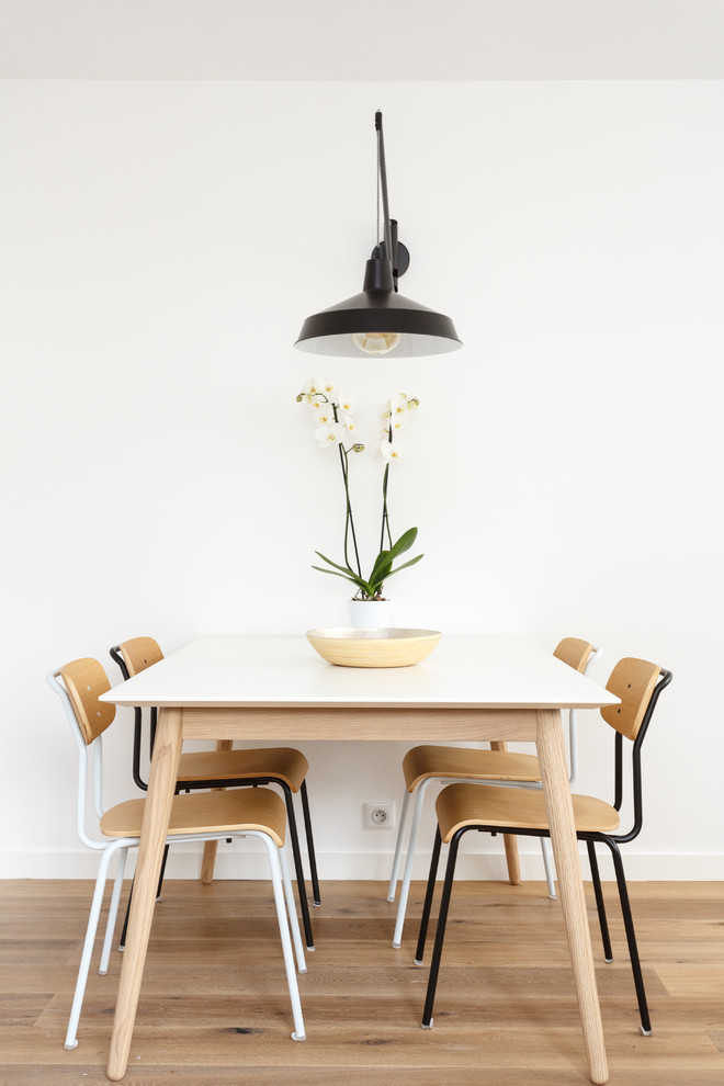 Foto de comedor contemporáneo de tamaño medio abierto sin chimenea con paredes blancas, suelo de madera en tonos medios y suelo marrón