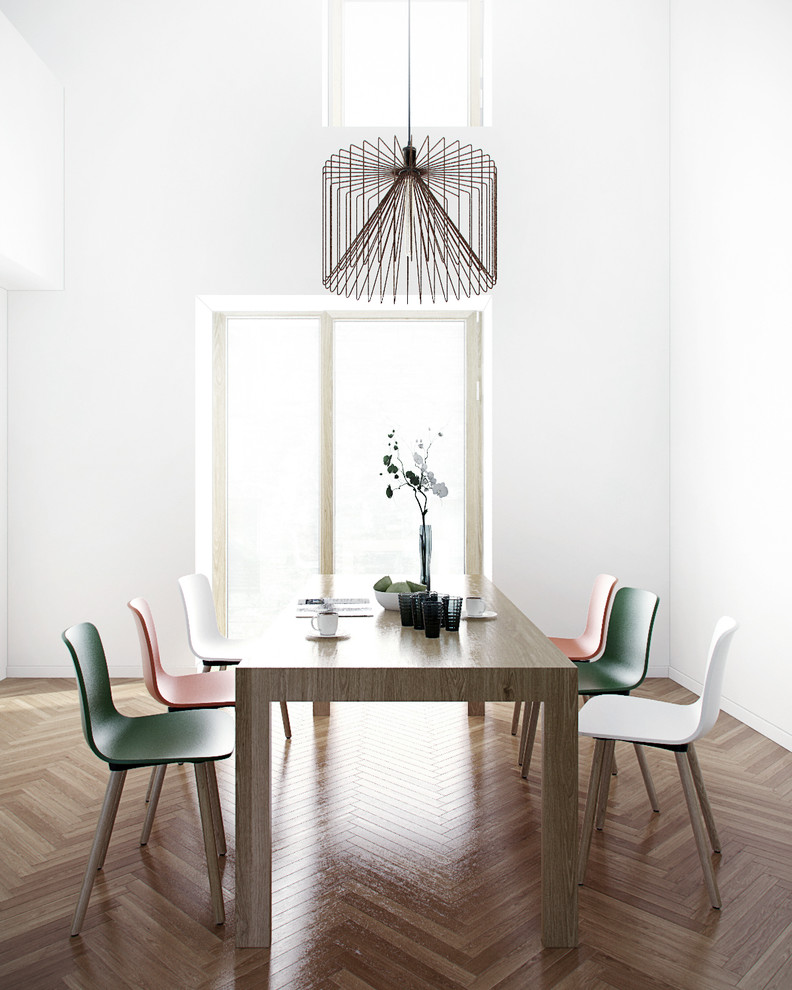 Foto de comedor escandinavo de tamaño medio cerrado sin chimenea con paredes blancas y suelo de madera en tonos medios