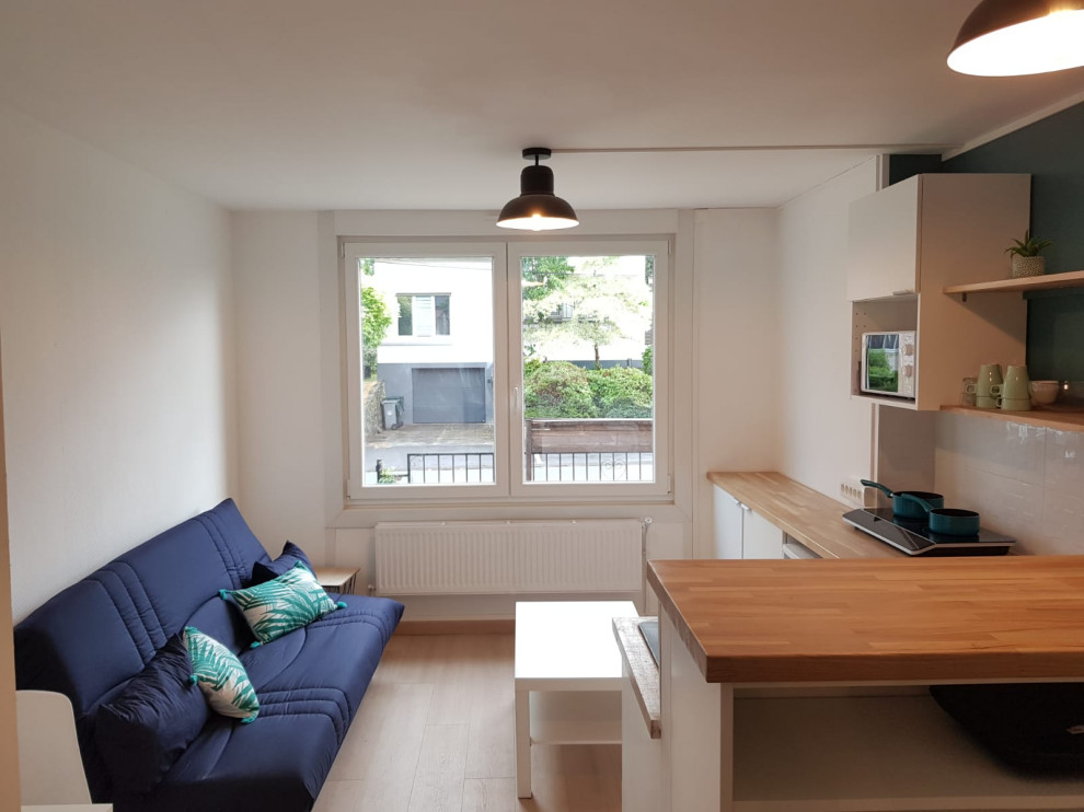Mittelgroße Moderne Wohnküche mit grüner Wandfarbe, Laminat und grauem Boden in Lille