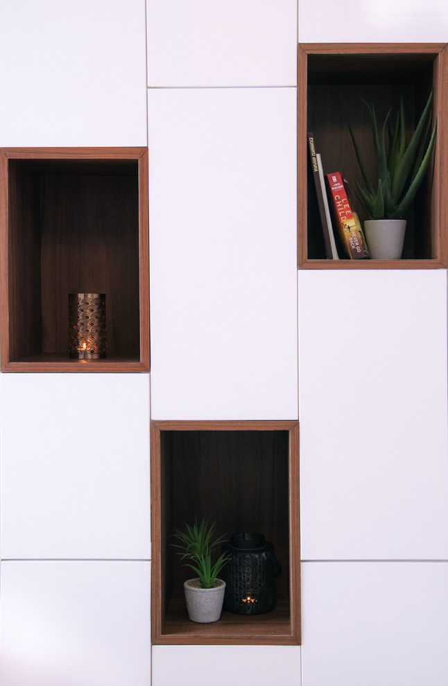 Источник вдохновения для домашнего уюта: столовая среднего размера в стиле модернизм с белыми стенами, полом из линолеума и серым полом без камина
