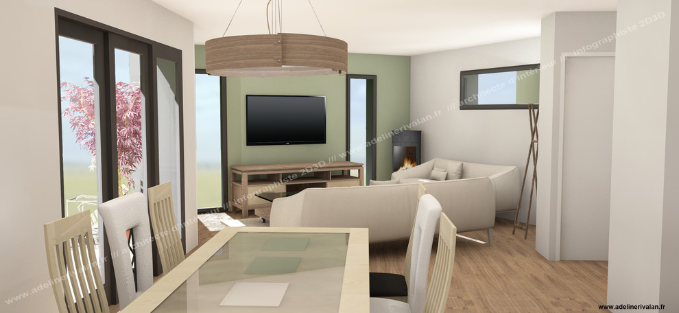 Immagine di una sala da pranzo aperta verso il soggiorno minimal di medie dimensioni con pareti verdi, pavimento in bambù, stufa a legna e pavimento beige