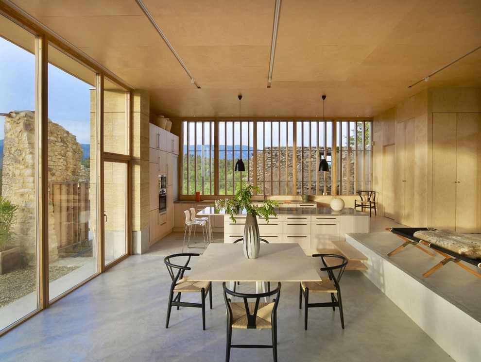 Ispirazione per una sala da pranzo aperta verso il soggiorno minimal di medie dimensioni con pareti beige e pavimento in cemento