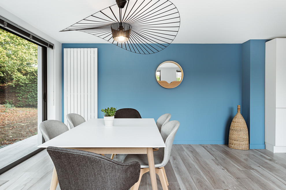 Cette image montre une salle à manger design avec un mur bleu.