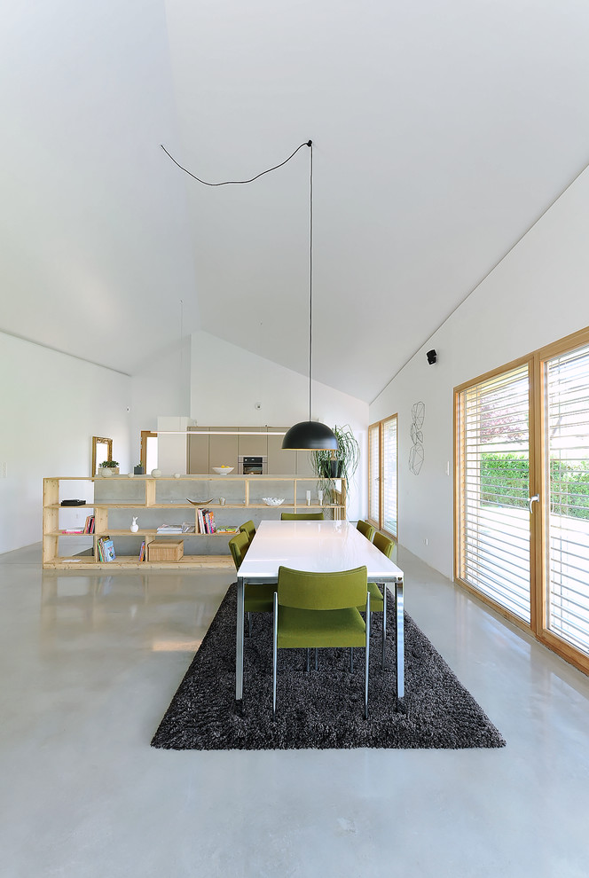 Large scandinavian kitchen/dining room in Strasbourg with white walls.