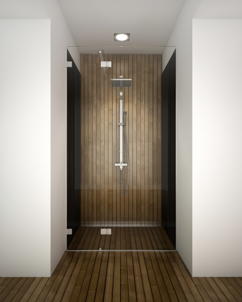 Esempio di una stanza da bagno con doccia minimal di medie dimensioni con doccia alcova e parquet scuro