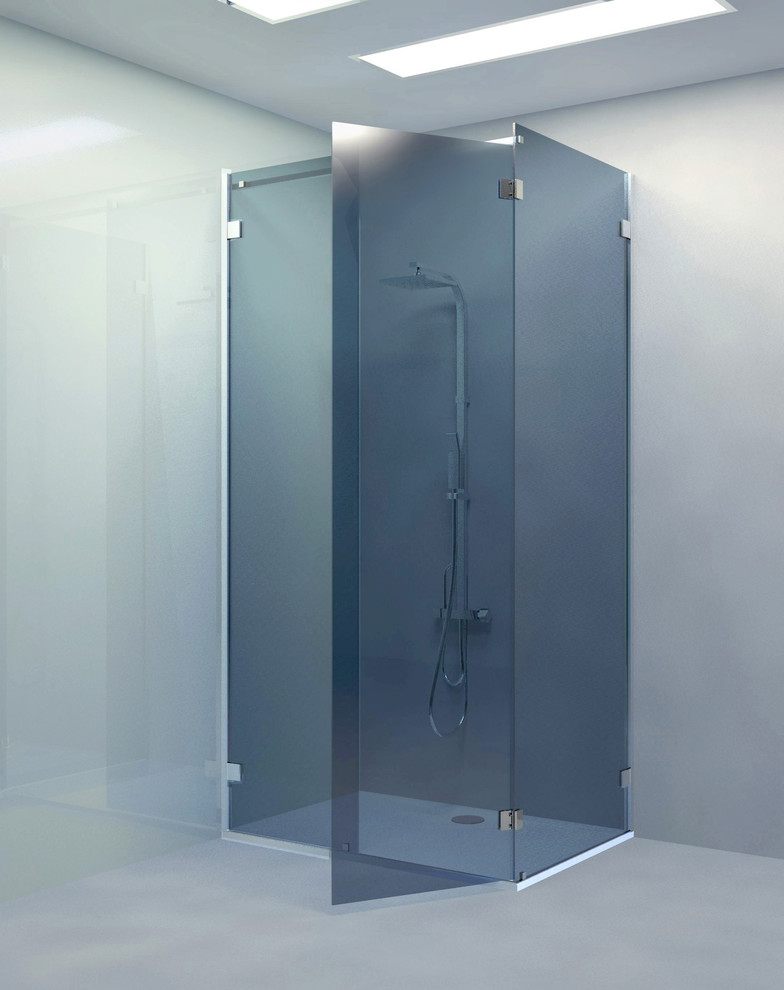 Bild på ett mellanstort funkis badrum med dusch, med en dusch i en alkov och betonggolv