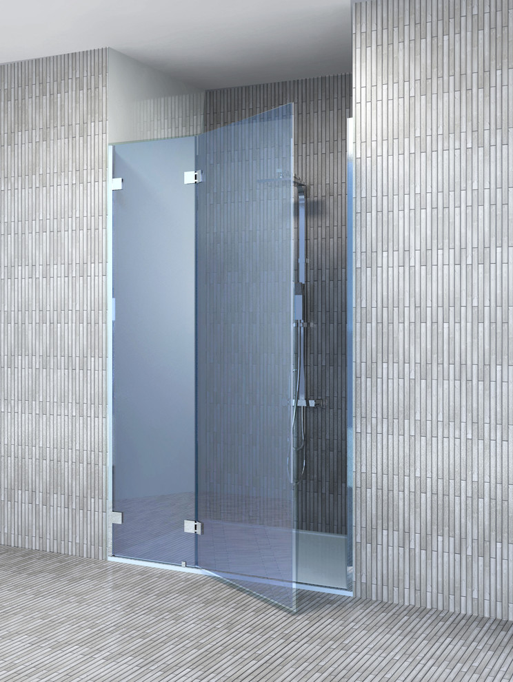 Inspiration för mellanstora moderna badrum med dusch, med en dusch i en alkov och bambugolv