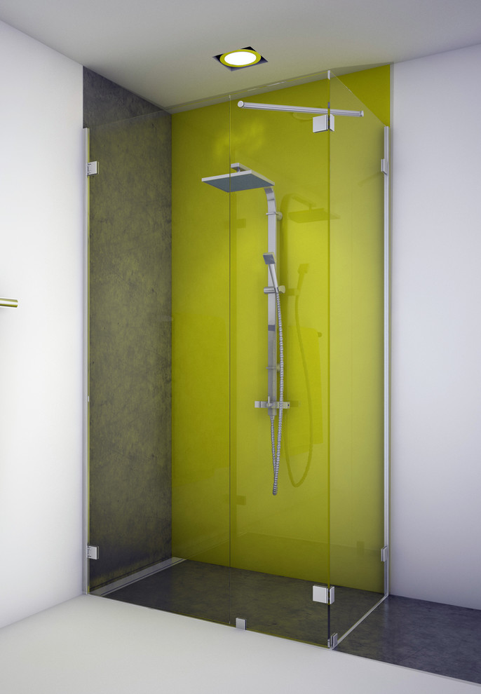 Foto di una stanza da bagno con doccia minimal di medie dimensioni con doccia alcova e pavimento in cemento