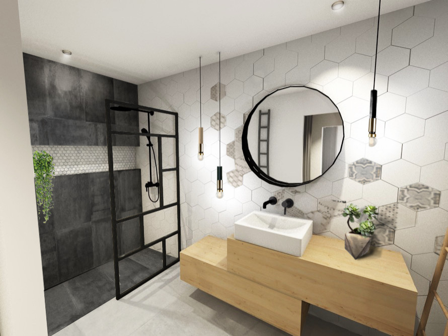 Diseño de cuarto de baño contemporáneo de tamaño medio con ducha a ras de suelo, baldosas y/o azulejos de cemento y suelo de cemento