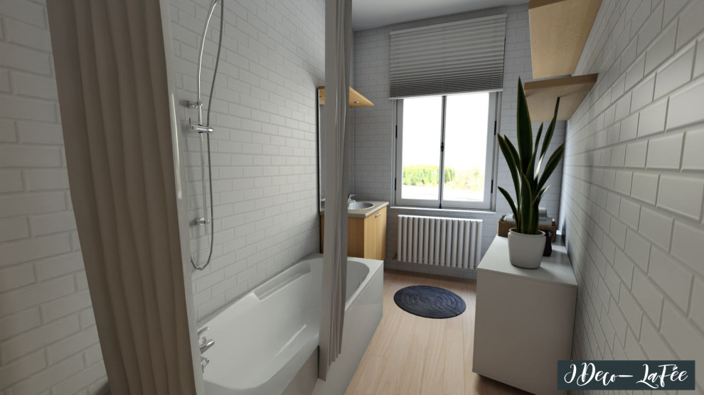 На фото: ванная комната среднего размера в скандинавском стиле с искусственно-состаренными фасадами и душевой кабиной
