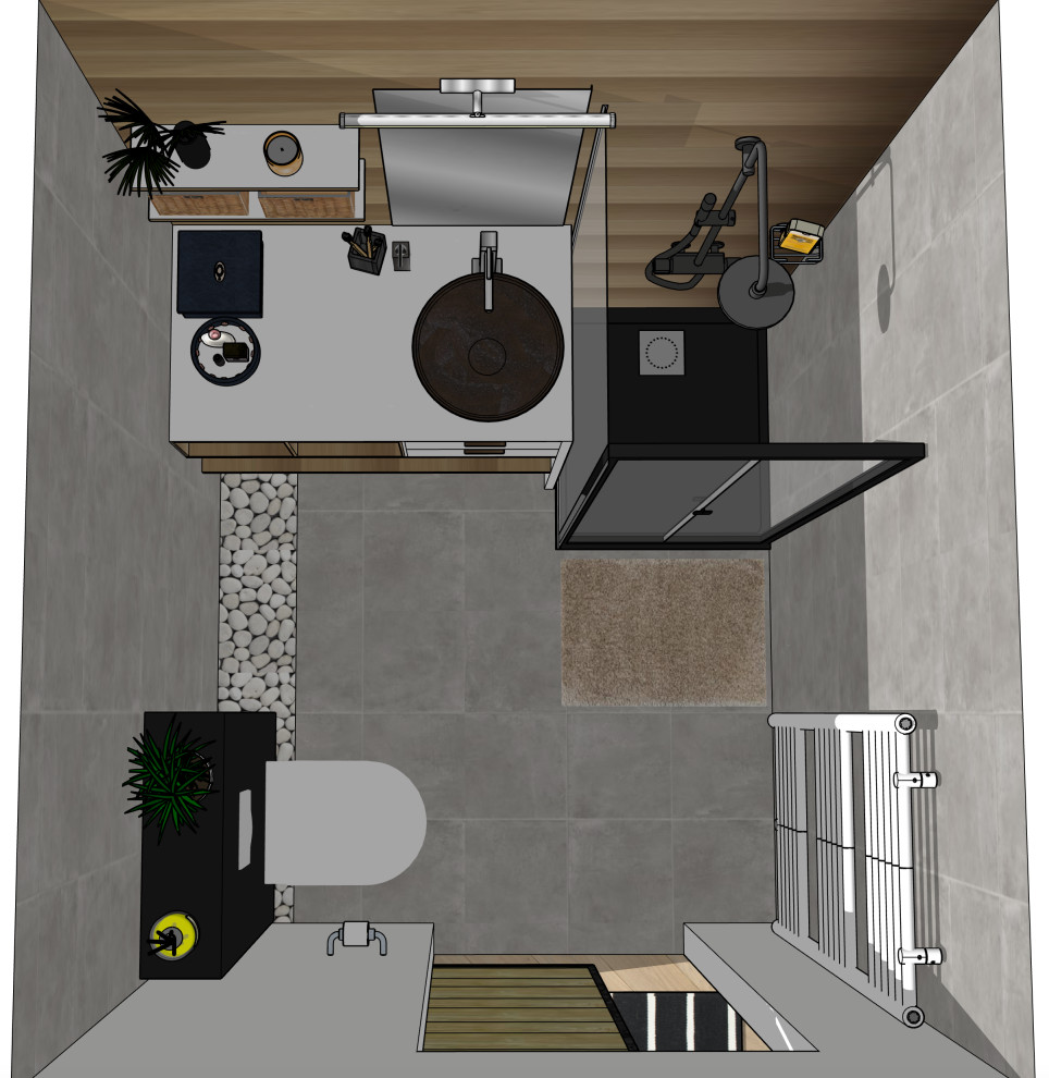Idéer för små rustika badrum med dusch, med öppna hyllor, en vägghängd toalettstol, grå kakel, grå väggar, ett fristående handfat, grått golv och dusch med gångjärnsdörr