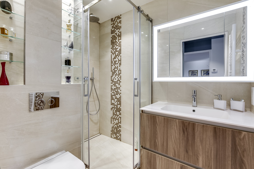 Photo of a small contemporary shower room bathroom in Paris with open cabinets, a built-in shower, a wall mounted toilet, beige tiles, beige walls, a console sink and solid surface worktops.
