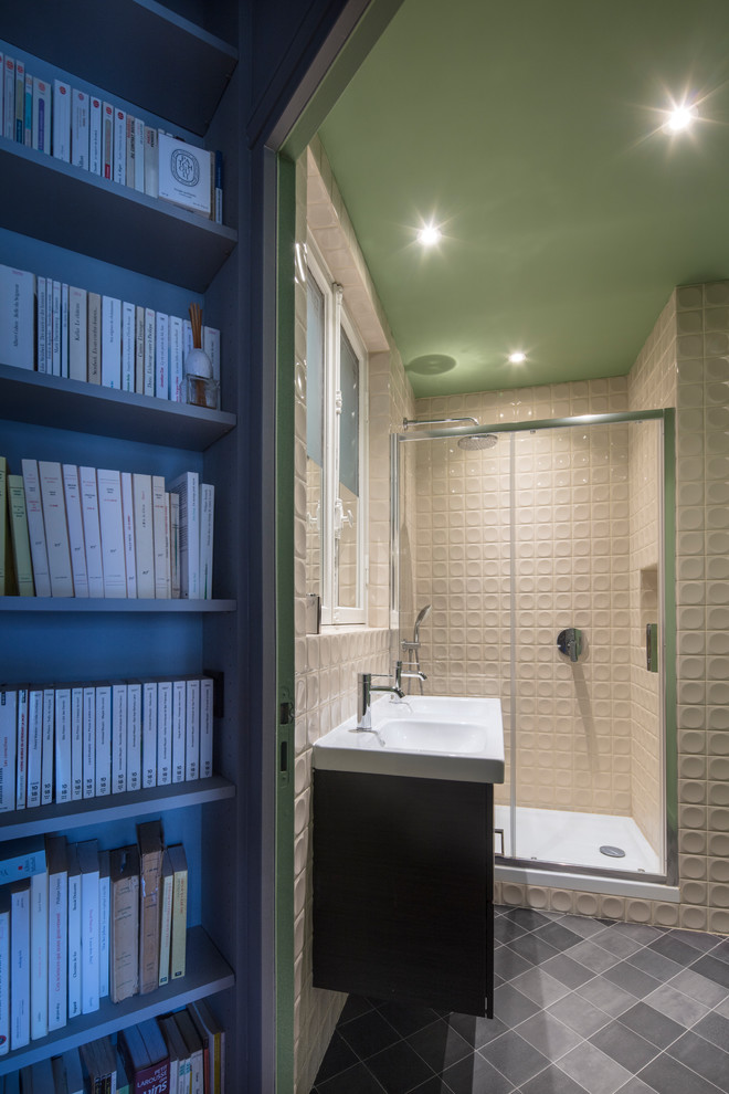 Medium sized contemporary ensuite bathroom in Paris with an alcove shower, white tiles, blue tiles, grey tiles, porcelain flooring, tiled worktops, blue floors, a sliding door and white worktops.