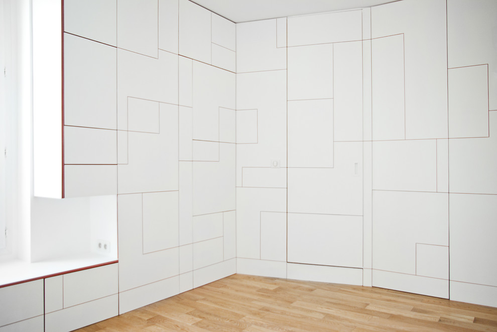 Example of a small trendy master multicolored tile and ceramic tile ceramic tile and black floor walk-in shower design in Paris with beaded inset cabinets, white cabinets, multicolored walls, a drop-in sink and tile countertops