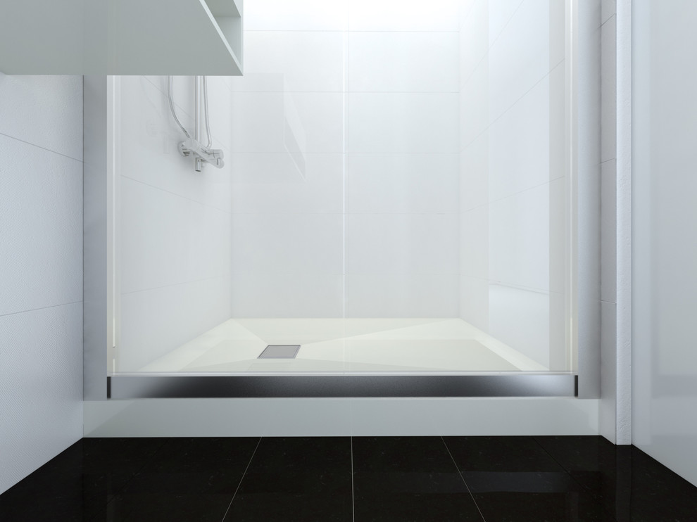 Aménagement d'une petite salle d'eau contemporaine avec WC séparés, un sol en carrelage de céramique, un plan de toilette en surface solide, un sol noir, un plan de toilette blanc et meuble-lavabo suspendu.