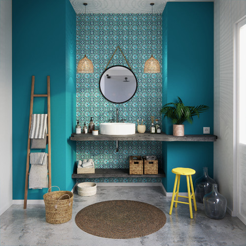 Rustic Beach Vibes: Wood Floating Benchtop with Teal Graphic Wallpaper and Wicker Pendants