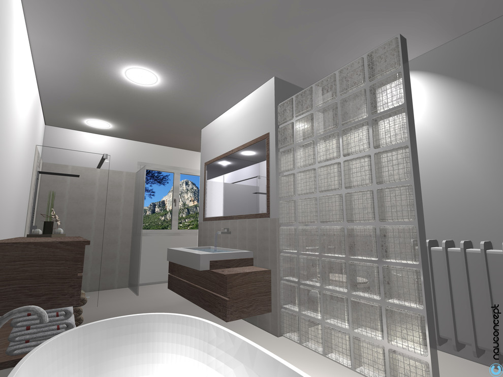 Стильный дизайн: главная ванная комната среднего размера в современном стиле с ванной на ножках, угловым душем, инсталляцией, серой плиткой, цементной плиткой, белыми стенами, полом из керамической плитки, консольной раковиной и столешницей из дерева - последний тренд