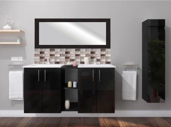 Inspiration for a medium sized modern ensuite bathroom in Le Havre with multi-coloured tiles, grey walls, dark hardwood flooring, a wall-mounted sink and brown floors.