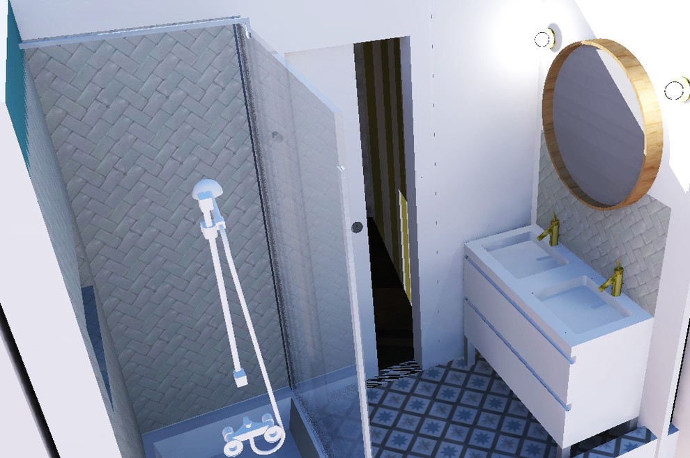 Exempel på ett litet badrum med dusch, med vit kakel, blå väggar, cementgolv, ett integrerad handfat och dusch med skjutdörr