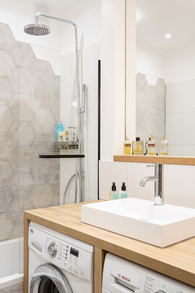 Example of a small trendy master gray tile and ceramic tile ceramic tile and gray floor bathroom design in Paris with white cabinets, white walls, a console sink, wood countertops, open cabinets, a hinged shower door and beige countertops