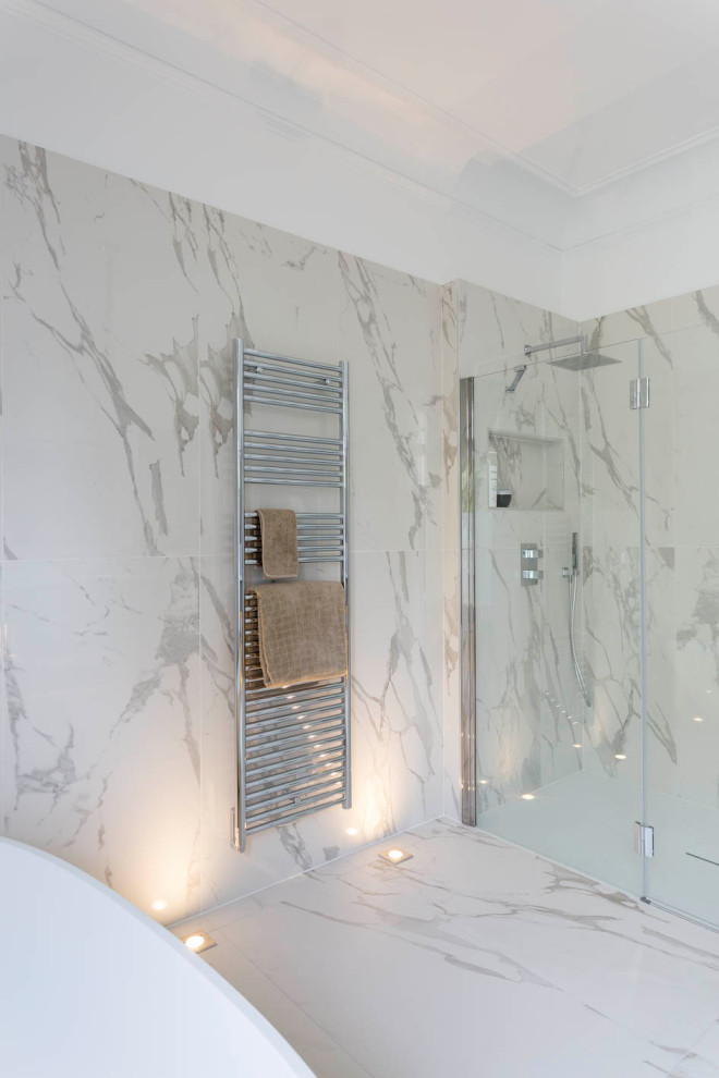 Inspiration for a contemporary master white tile and marble tile marble floor, white floor and double-sink bathroom remodel in Paris with white walls, a wall-mount sink, marble countertops, a hinged shower door and white countertops