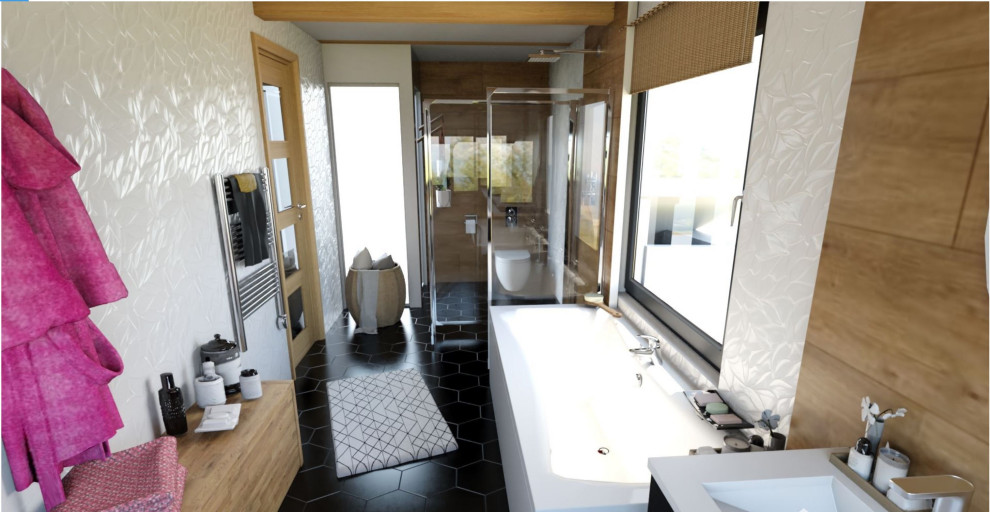 Exempel på ett stort modernt vit vitt badrum, med luckor med infälld panel, ett platsbyggt badkar, en kantlös dusch, en vägghängd toalettstol, vit kakel, beige väggar, klinkergolv i terrakotta, ett väggmonterat handfat, bänkskiva i akrylsten, svart golv och med dusch som är öppen