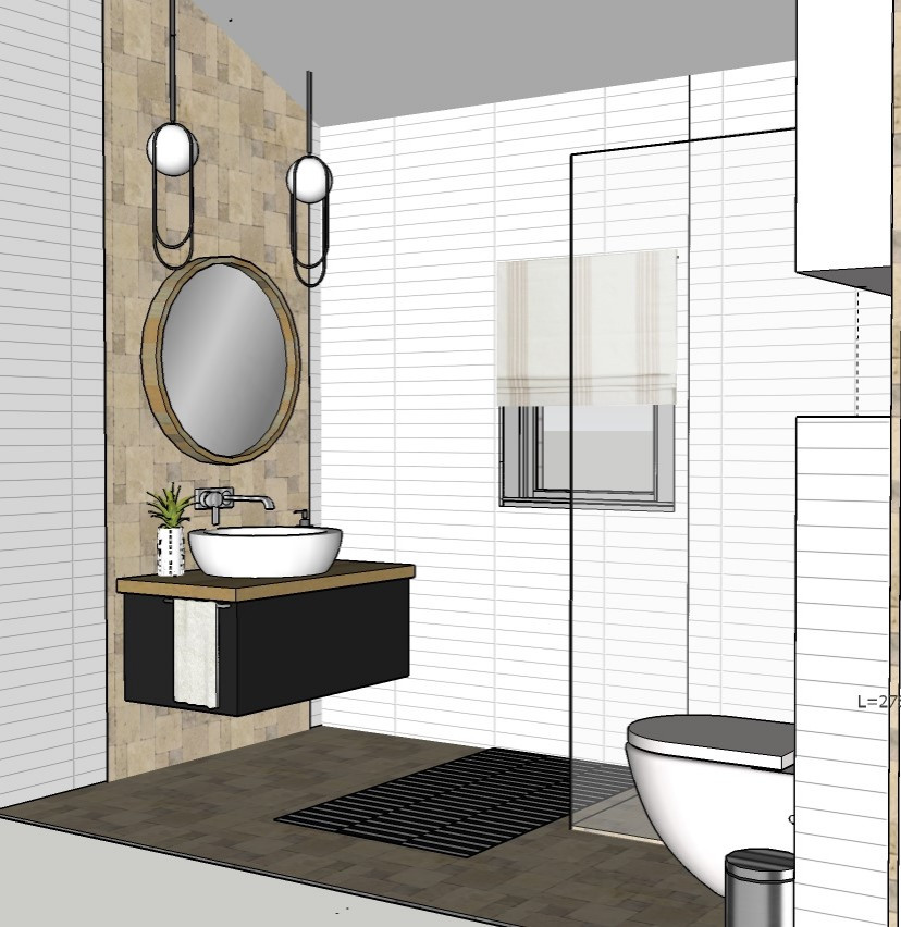 Inredning av ett klassiskt mellanstort vit vitt badrum med dusch, med släta luckor, vita skåp, en kantlös dusch, en vägghängd toalettstol, svart kakel, cementkakel, vita väggar, cementgolv, ett fristående handfat, bänkskiva i akrylsten, brunt golv och med dusch som är öppen