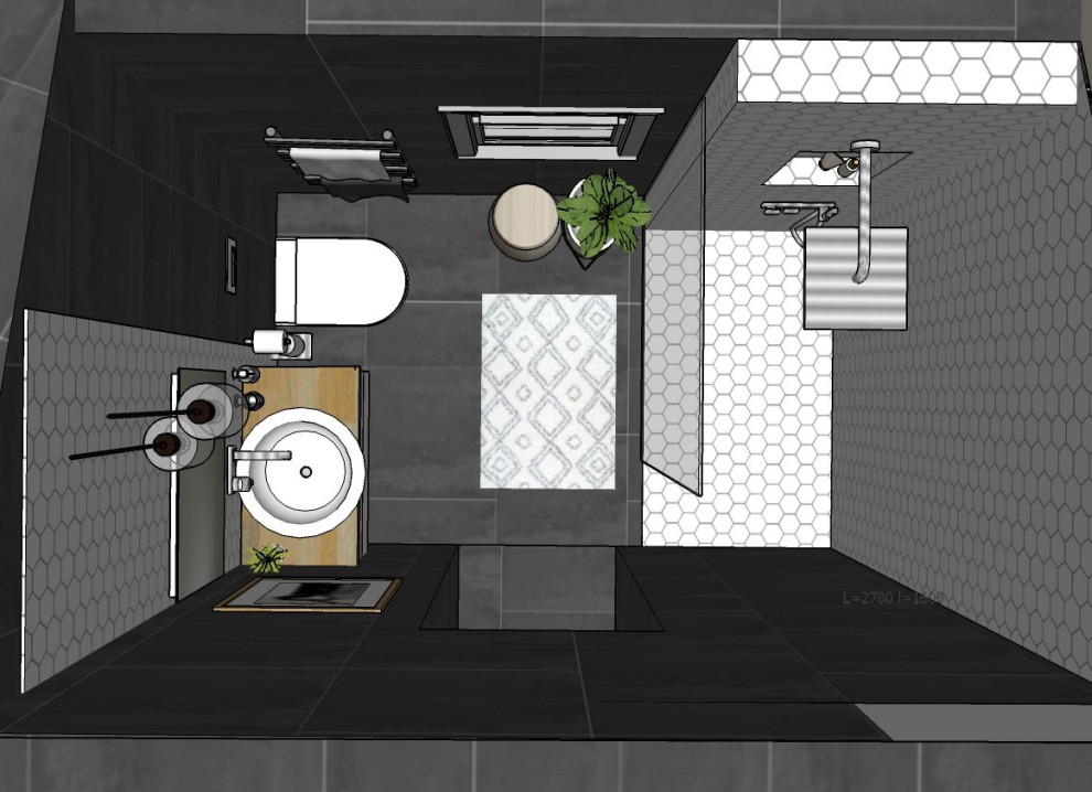 Стильный дизайн: ванная комната среднего размера в современном стиле с плоскими фасадами, белыми фасадами, душем без бортиков, инсталляцией, черной плиткой, плиткой мозаикой, черными стенами, бетонным полом, душевой кабиной, настольной раковиной, столешницей из искусственного камня, черным полом, открытым душем, черной столешницей, тумбой под одну раковину и подвесной тумбой - последний тренд