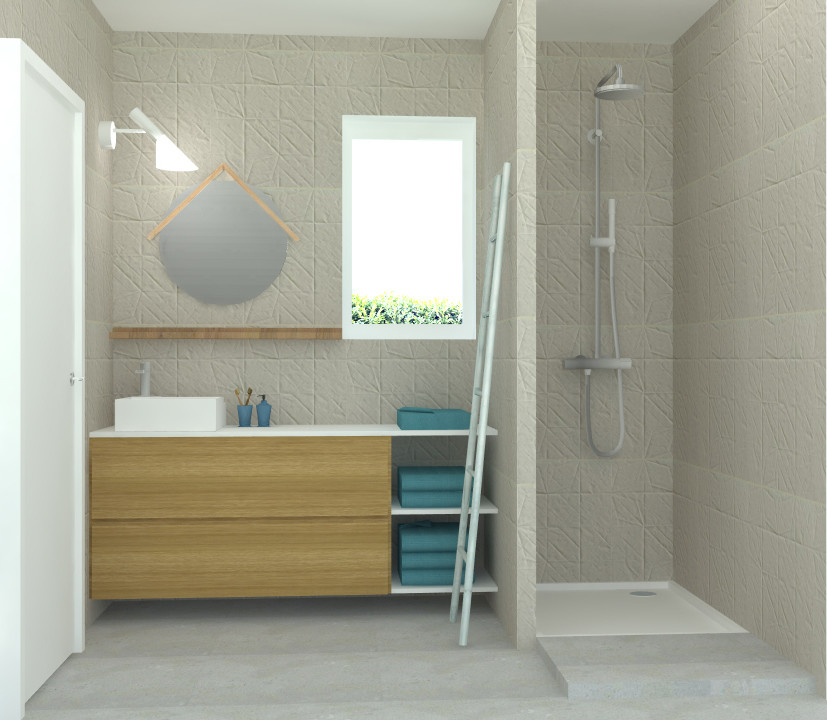 Réalisation d'une petite salle d'eau nordique en bois clair avec une douche à l'italienne, un carrelage blanc, des carreaux de céramique, un sol en carrelage de céramique, un lavabo posé, un plan de toilette en quartz modifié et un sol gris.