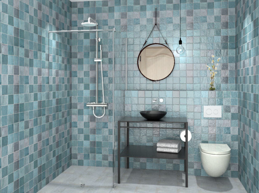 Modelo de cuarto de baño infantil de estilo de casa de campo pequeño con ducha a ras de suelo, sanitario de pared, baldosas y/o azulejos en mosaico, paredes azules, suelo de cemento y lavabo sobreencimera