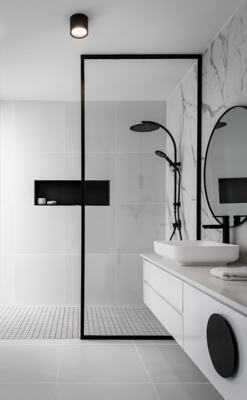 Black and White Bathroom Design with Marble Slab Wall
