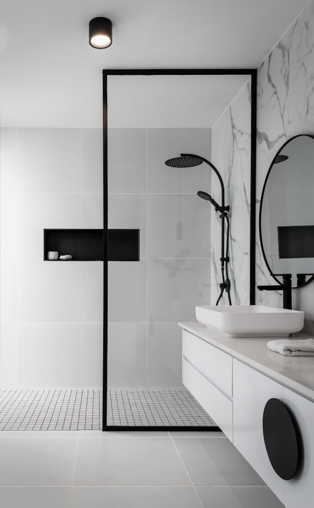 Example of a mid-sized minimalist master white tile single-sink bathroom design in Other with black cabinets, quartzite countertops and a floating vanity