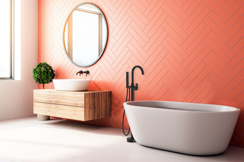 На фото: большая главная ванная комната в стиле модернизм с светлыми деревянными фасадами, накладной ванной, оранжевой плиткой, удлиненной плиткой, оранжевыми стенами, настольной раковиной, столешницей из дерева, белым полом, коричневой столешницей, тумбой под одну раковину и подвесной тумбой